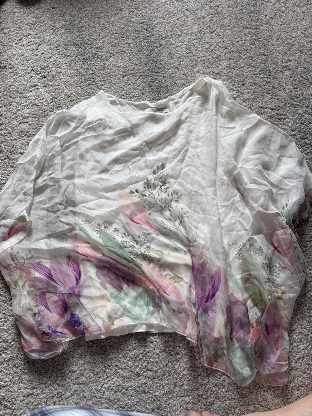 White Sheer Floral Blouse with Purple and Green Accents